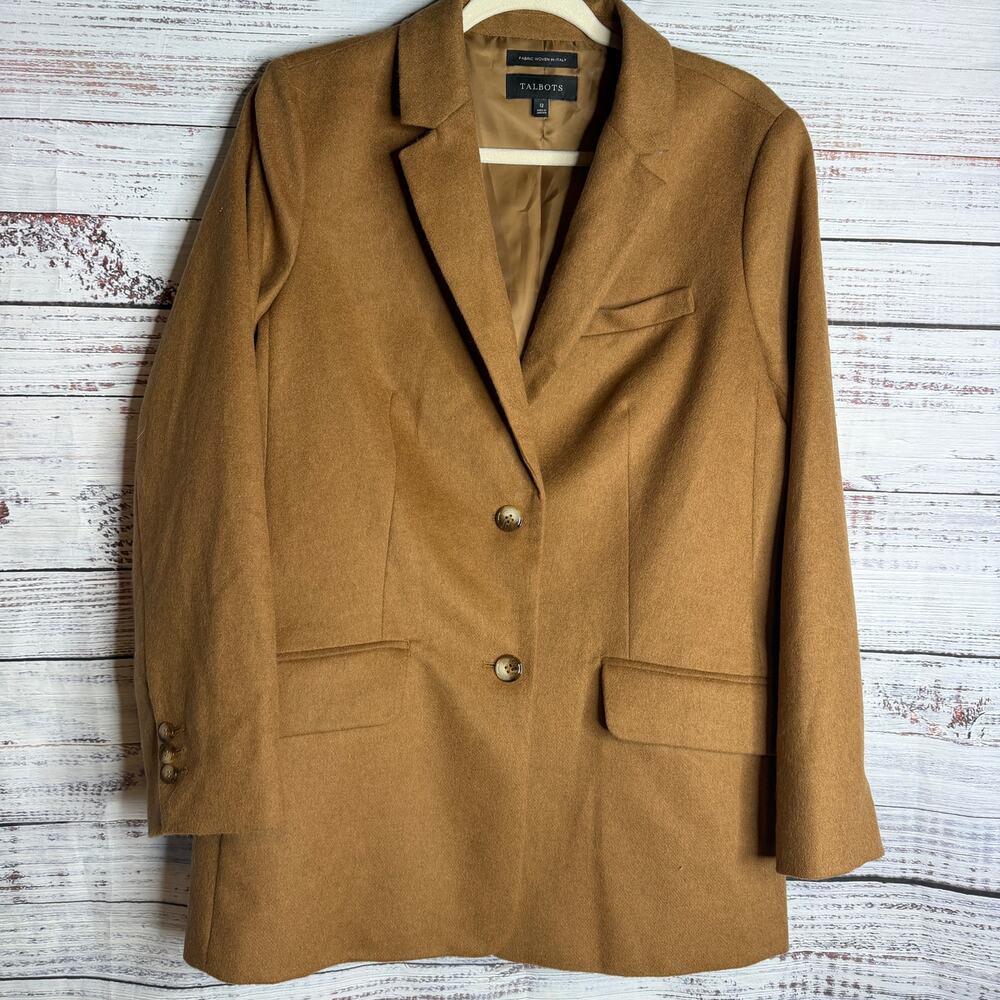 Talbots Blazer Womens 12 Camel Brown Recycled Wool Italian Fabric Longline